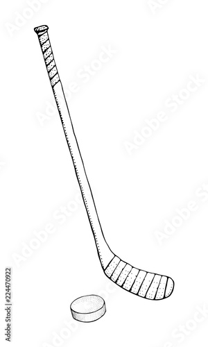 Ice Hockey stick with puck. Sports Vector illustration isolated on white background. Doodle Ice hockey sports equipment. Hand drawn stick in sketch style..