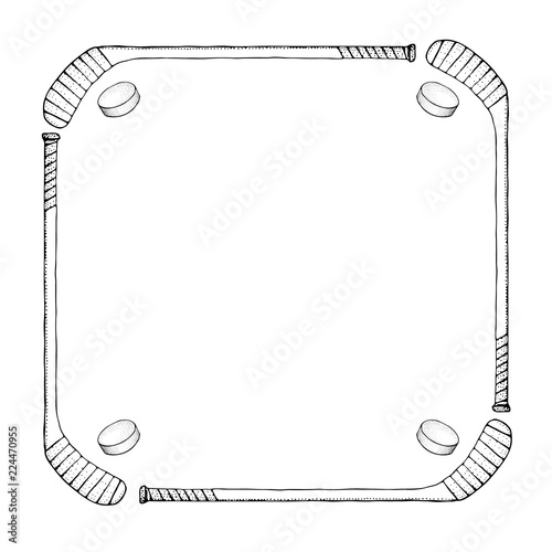 Ice Hockey stick with puck. Sports Vector frame isolated on white background. Doodle Ice hockey sports equipment. Hand drawn stick in sketch style..