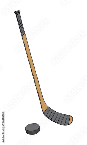 Ice Hockey stick with puck. Sports Vector illustration isolated on white background. Ice hockey sports equipment. Hand drawn stick in cartoon style..