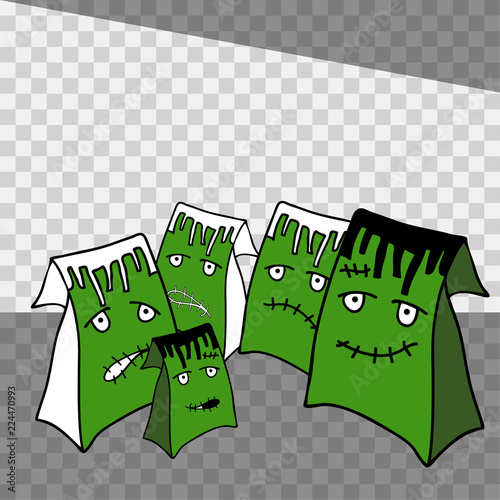 Halloween sale image with scary ghosts bags for shopping design on transparent background. Copy space