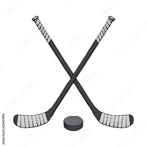 Ice Hockey stick with puck. Sports Vector illustration isolated on white background. Ice hockey sports equipment. Hand drawn stick in cartoon style..