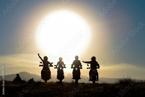 Spectacular cruise and sunrise views with crowded motorcycle team