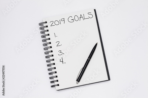 Text 2019 goals on notepad with pen on white background, office desk. Top view with copy space for input the text. 