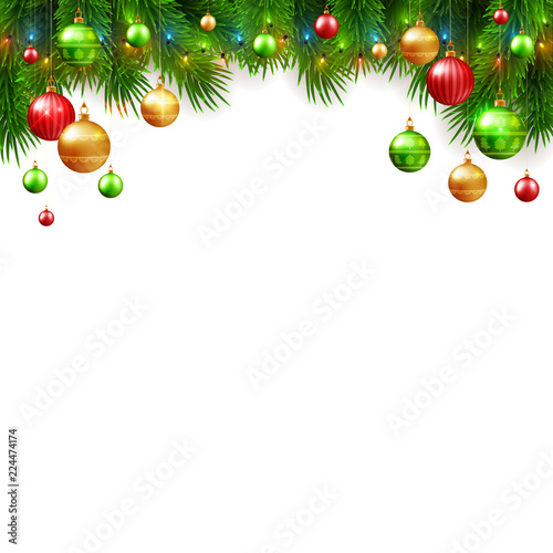 Christmas and New Year background design, decorative colorful balls with fir tree branches, vector illustration