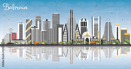 Bahrain City Skyline with Gray Buildings, Blue Sky and Reflections.
