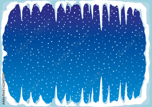 Ice with icicles and snow on a blue background.