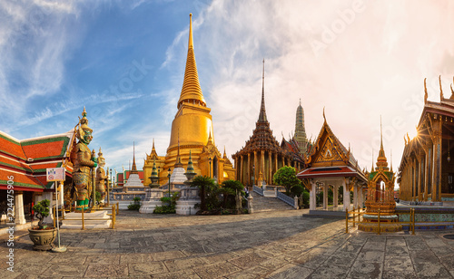 Wat Phra Kaew,Temple of the emerald buddha or Wat Phra Si Rattana Satsadaram,is regarded as the most sacred buddhist temple ,is one of the best known landmarks in Bangkok,Thailand,Panorama view