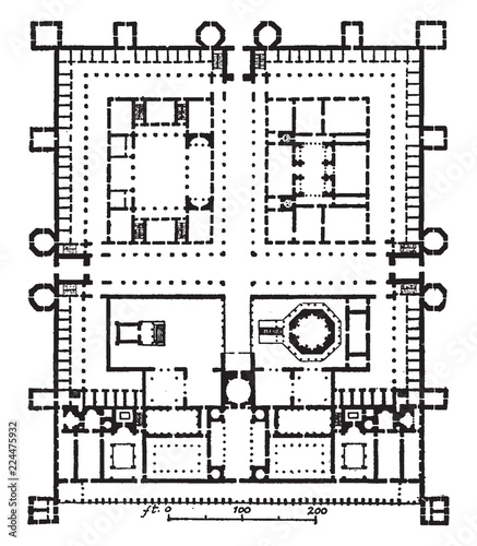 Palace of Diocletian, Plan, Dioklecijanova palaca in Croatian, vintage engraving.