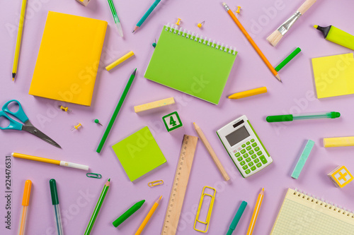 School and office supplies. Top view.
