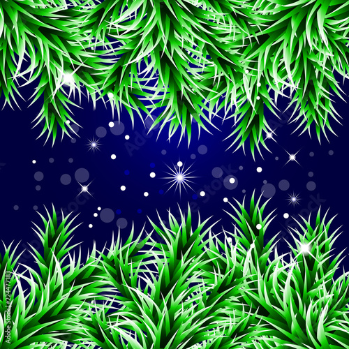 Christmas decorative background with green spruce branches  magic glare  snowflakes. Vector illustration EPS10