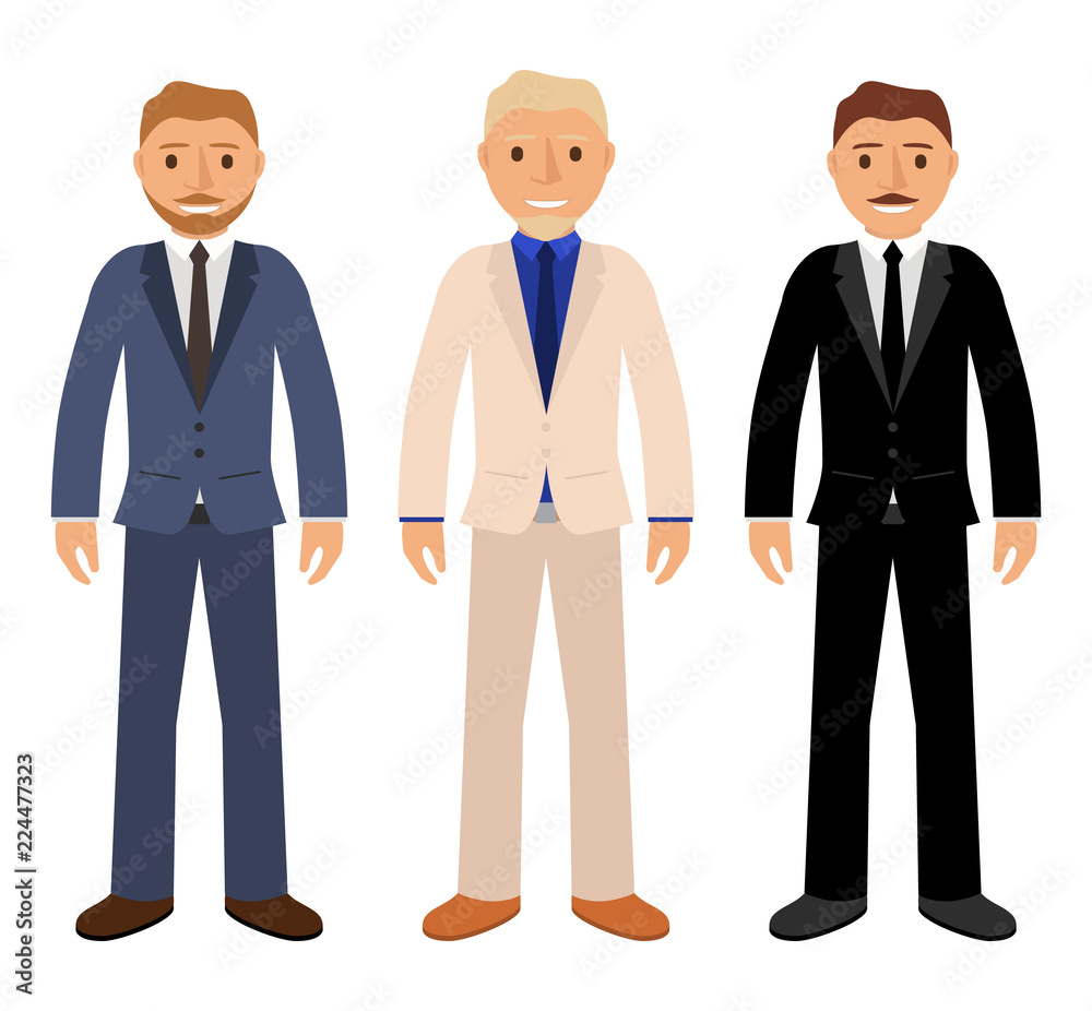 Set characters cartoon by young men business suits  in  jackets and trousers and boots a beard and  a light suit,brunette  in black,and in a tie  flat vector. Stock Vector |