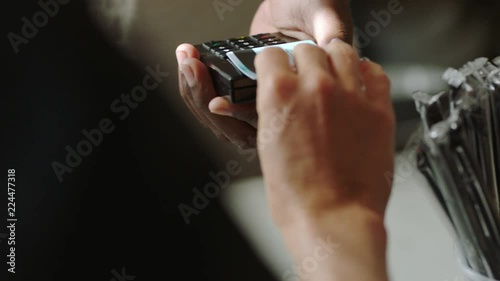 business woman using credit card making payment friendly cashier serving customer spending money on wireless transaction buying coffee supporting small business cafe close up