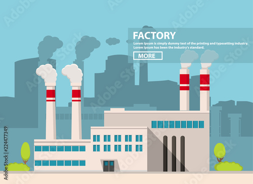 Industrial factory modern plant pipes. Industrial building against background of a city landscape.Trees and bushes. In flat style a vector. Manufactory industrial zone.road, window facade