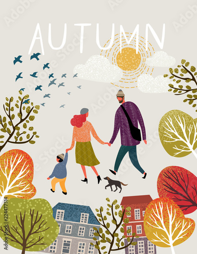 Family in autumn, create your cute card! Set of vector elements: family, mom, dad, son, dog, birds, sun, clouds, buildings, trees