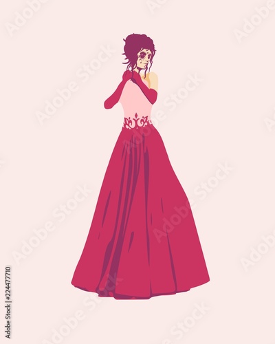 Sexy woman silhouette in red evening dress. Queen or princess rise her hands to face. Sugar skull face paint.