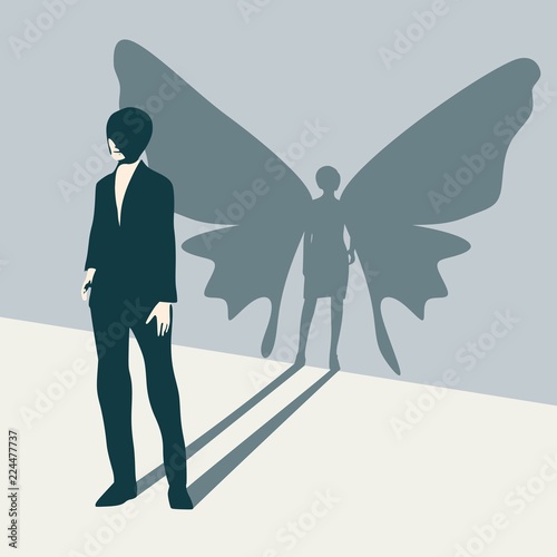 Young lady casting shadow of butterfly with the body of a woman