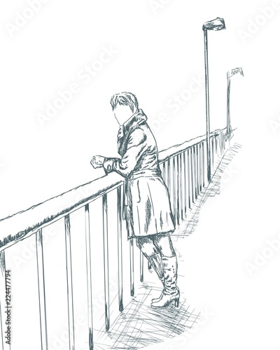 Fashion model in sketch style on bridge. Autumn season. Hand drawn illustration