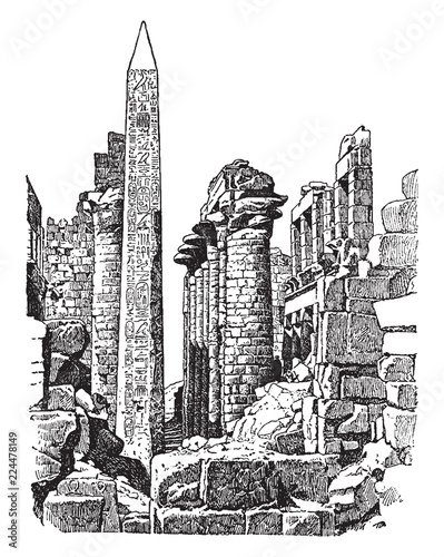 Temple of the Sun at Karnak, Gods, vintage engraving.