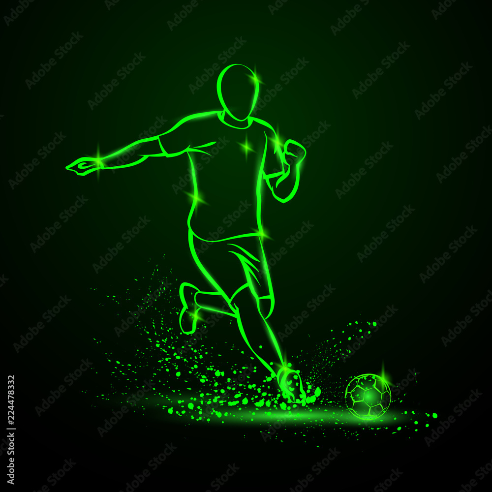 Green Neon soccer striker. Football player hits the ball in the dark under the rain.