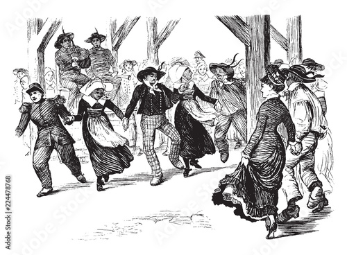 Group Dancing, same steps at the same time,  vintage engraving.