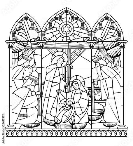 Linear drawing of Birth of Jesus Christ scene in gothic frame