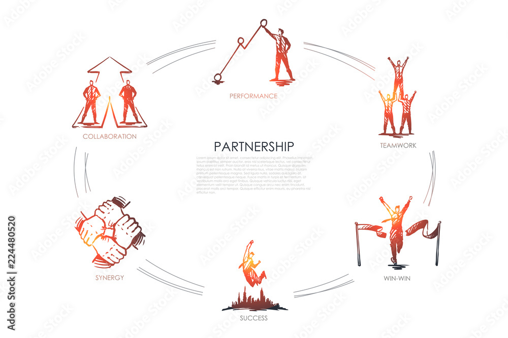 Partnership - teamwork, win-win, collaboration, performance, synergy set concept. Partnership - teamwork, win-win, collaboration, performance, synergy set concept.