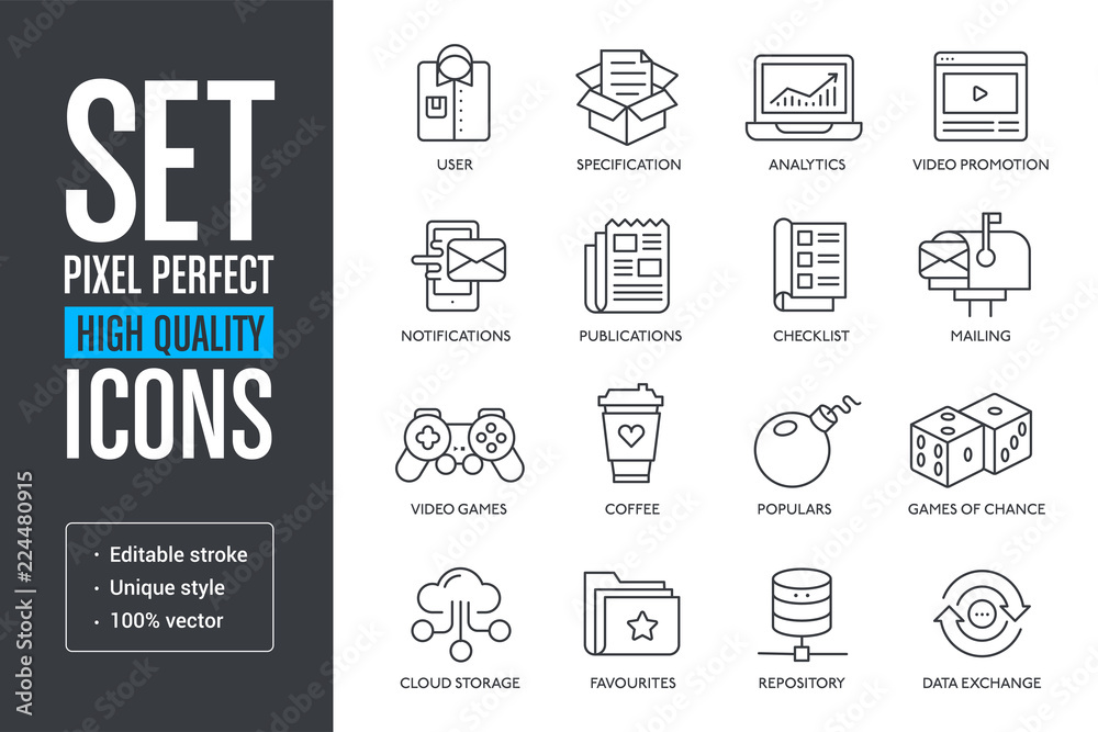 Set vector pixel perfect high quality lines icons Set vector pixel perfect high quality lines icons