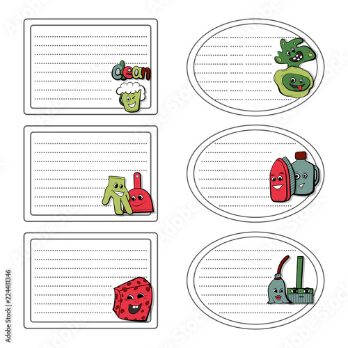 Set of stickers of the concept of household cleaning. Vector illustration. Labels with frame.