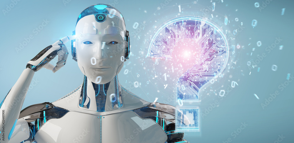 Naklejka premium Cyborg solving problem with digital question marks 3D rendering