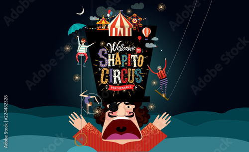 Circus! Vector illustration on a poster or banner for a circus show with acrobats, magicians and clowns, isolated objects and elements Welcome to the performance! photo