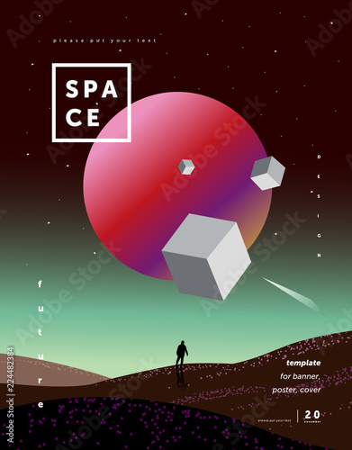 science fiction, abstract background for a poster or cover of the space and the future, a design template from multi-colored gradient, illustrations of planets, a starry sky, a spaceman