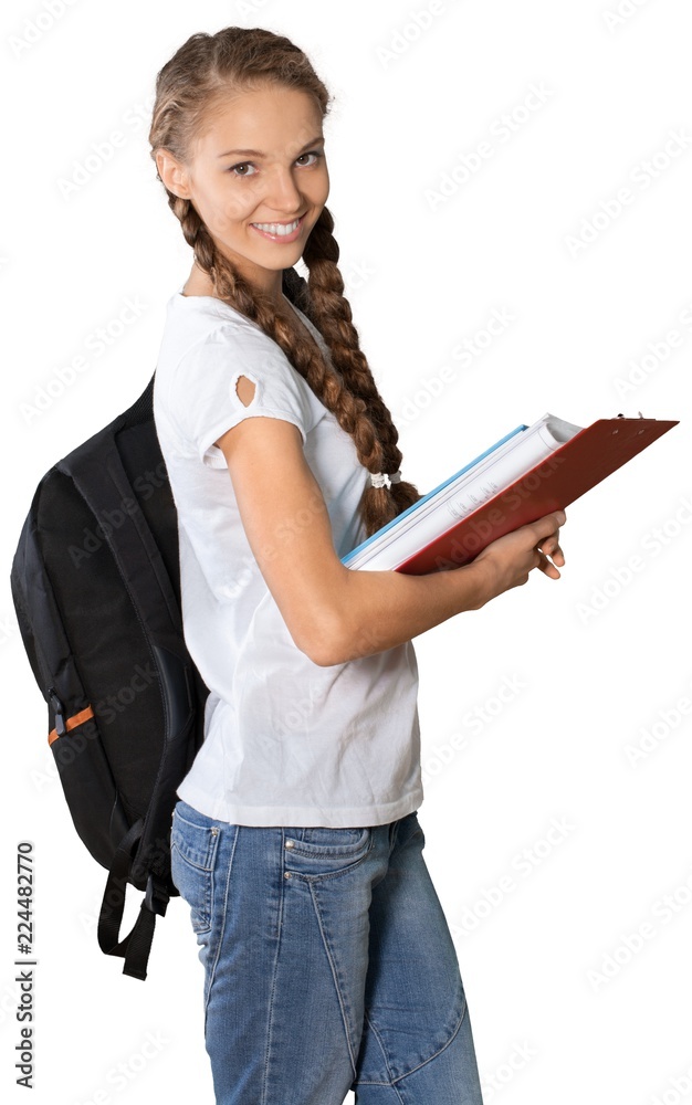Friendly Girl with Rucksack Standing and Holding Book and Friendly Girl with Rucksack Standing and Holding Book and