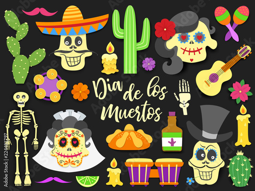 Dia de los muertos. Day of the Dead traditional mexican holiday elements set. Paper cut style flat icons with shadow on black background. Vector illustration.