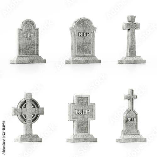 Different gravestone models isolated on white background with soft reflections
