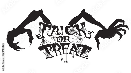 Spooky trick or treat text with spider web and zombie hand isolated on white background. scary, haunted and creepy hand lettering for party invitation, greeting card, banner