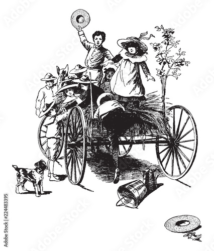 Children on a hay ride, vintage illustration.