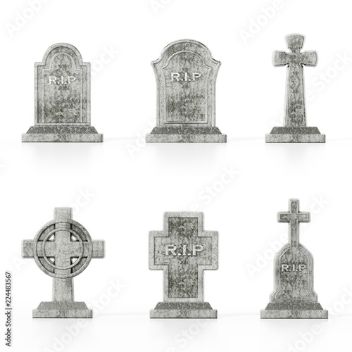 Valokuvatapetti Different gravestone models isolated on white background with soft reflections