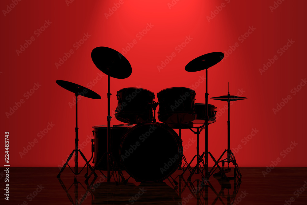 Fototapeta premium Profesjonalny zestaw perkusyjny Rock z czerwonym podświetleniem przed ścianą. Renderowanie 3d
