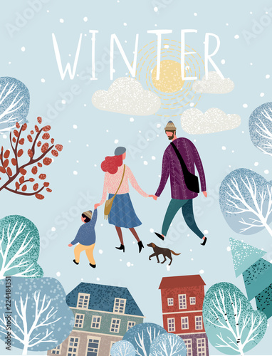 Family in winter, vector illustration of a happy family in christmas and new year on a walk around the city, mom, dad, baby and dog stroll through the park