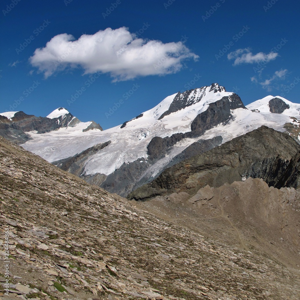 Allalinhorn, Rimpfischhorn and Strahlhorn covered by glacier. View from Mount Oberrothorn, Zermatt.