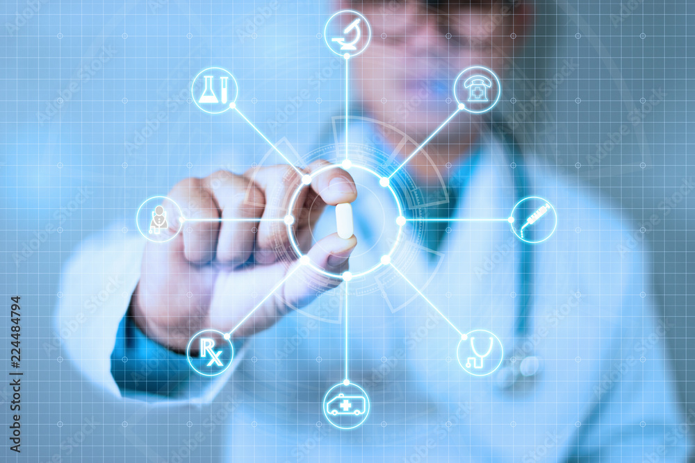 Medicine nurse or doctor or pharmacy holding a white capsule pill in hand with icon medical network connection on modern virtual screen interface, IOT,Medical healthcare technology network concept Medicine nurse or doctor or pharmacy holding a white capsule pill in hand with icon medical network connection on modern virtual screen interface, IOT,Medical healthcare technology network concept