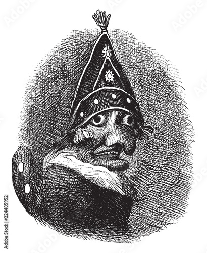 Mr. Punch is a puppet from the popular English puppet show Punch and Judy, vintage engraving.
