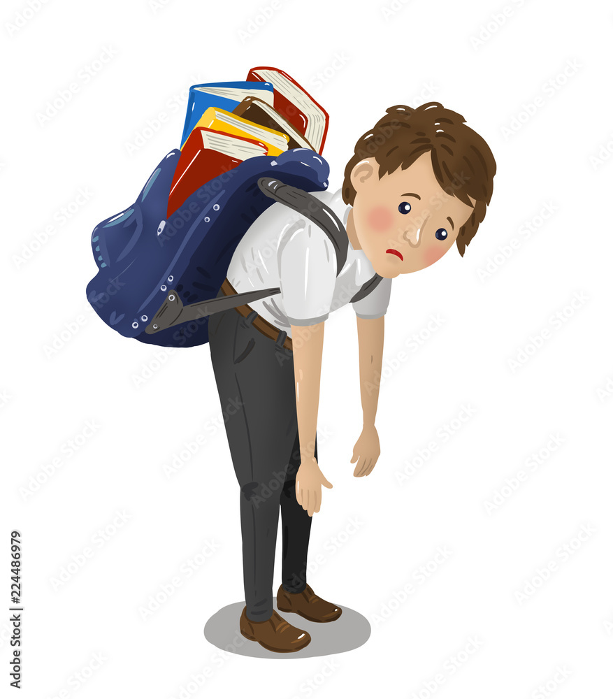 Under pressure school child carrying heavy school bag on white background  Illustration Stock | Adobe Stock