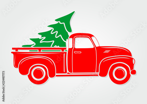 Vintage pickup, truck with Christmas tree. Vector illustration.  