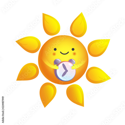 Cute vector illustration of Early morning, sun holding alarm clock, time to get up.
