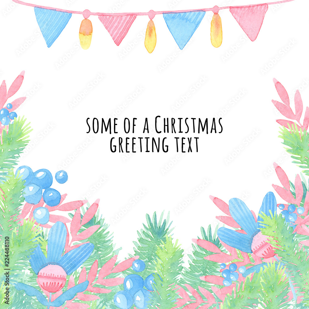 watercolor cartoon illustration. Template postcards. Sprigs of Christmas trees, berries, bulbs, garlands, leaves, flowers