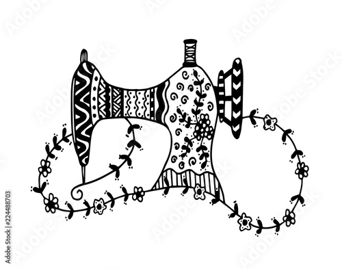 Sewing machine. Hand drawn sketch. Vector illustration.