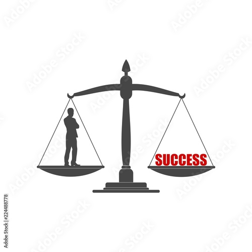 Businessman and word success on a balance scale