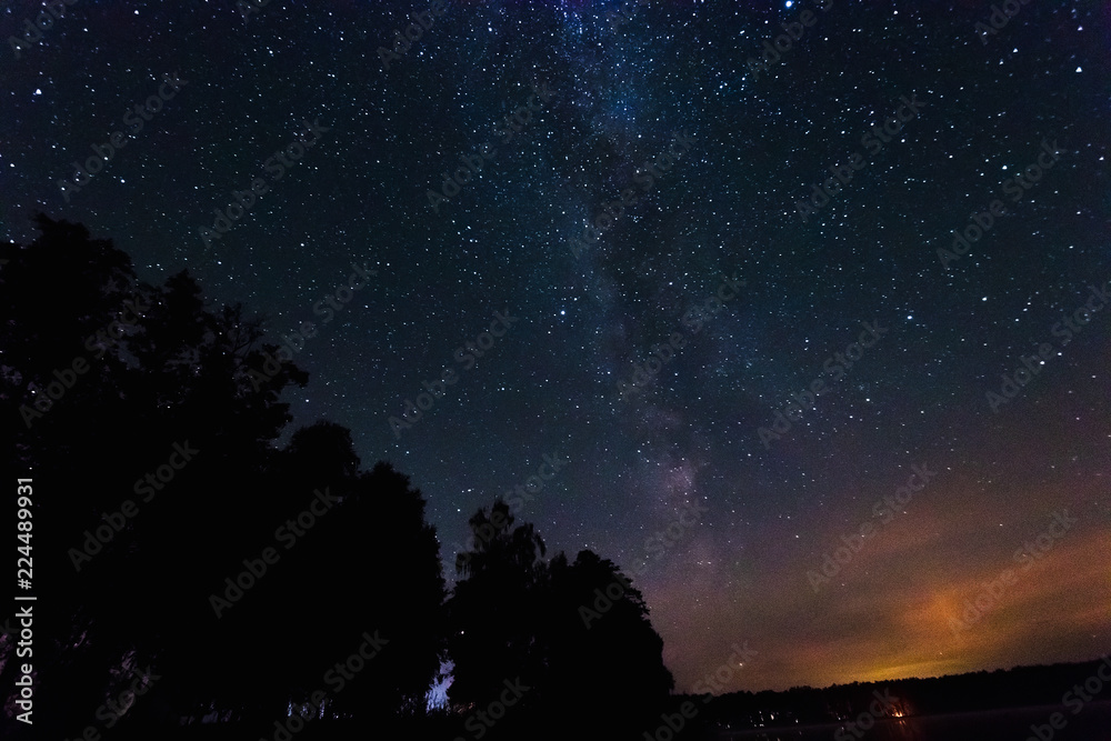 Starry sky, milky way, beautiful landscape, night time, Belarus.