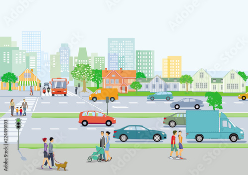 Stadtansicht mit Nahverkehr und Fußgänger